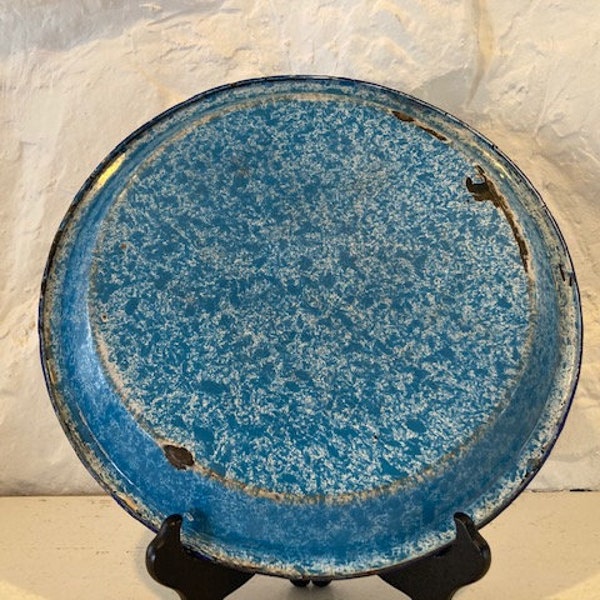 Blue granite ware plate, antique with wear consistent with use and age, circa 1870s