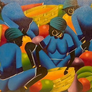 Haitian oil on canvas, Women in Fruit Market, Vibrant 19 x 23", circa 1980s, signed Lindor