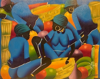 Óleo haitiano sobre lienzo, Women in Fruit Market, Vibrant 19 x 23&quot;, circa 1980s, firmado Lindor