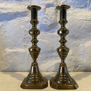 Excellent pair of antique Diamond Beehive Candlesticks, solid brass, English, 12&quot;, circa 1880