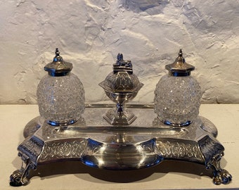 Antique Silverplate, Martin & Hull Co., ink well writing set in Egyptian motif