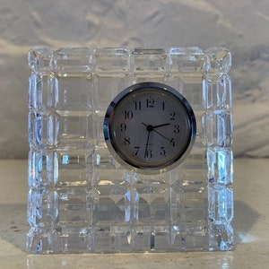 Waterford Clock, small 3x3, signed, circa 1980, faceted block cut