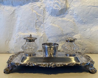 Antique Silver plate Desk Set, original ink wells circa 1810