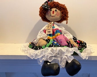 Primitive  handmade raggedy  doll - I Love Spring - doll - 19" - signed - 2008 - weighted for sitting - named Ginger Creek Crissy