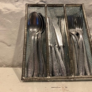 Charming child's cutlery set, made in Germany, aluminum,  in original wire basket, circa 1960s