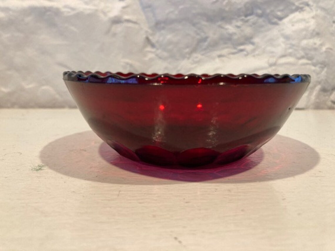 Vintage Finger Bowl/candy Dish/rose Bowl in Ruby Red With Thumbprints