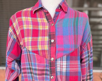Vintage 90s Grunge Flannel Patchwork Plaid Button up Shirt by Kikomo Size Medium Pink Colorblock Lightweight Cotton