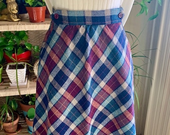 Vintage 70s Wool Blue/Burgundy Plaid Secretary A-line Skirt Size Small Union Made