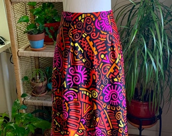 1960s Bright Psychedelic Tiki Print High Waisted Maxi Skirt Size Small