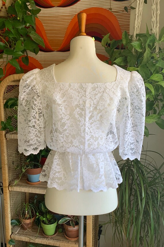 70s White Lace 3/4 Princess Sleeve High Waist Pep… - image 8