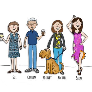 Group portrait. DIGITAL FILE.   Personalised cartoon illustration.  Friends, family, pets, hobbies.