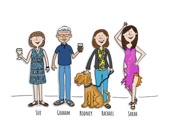 Group portrait. DIGITAL FILE.   Personalised cartoon illustration.  Friends, family, pets, hobbies.
