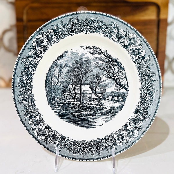 Vintage 1950’s Royal China Pilgrim Dinner Plate American Frontier Collection Old Grist Mill 10” Blue Transferware