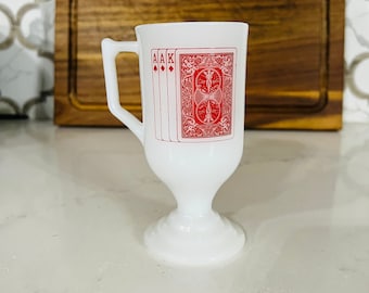 Vintage Federal Glass Playing Card Poker Milk Glass Pedestal Mug