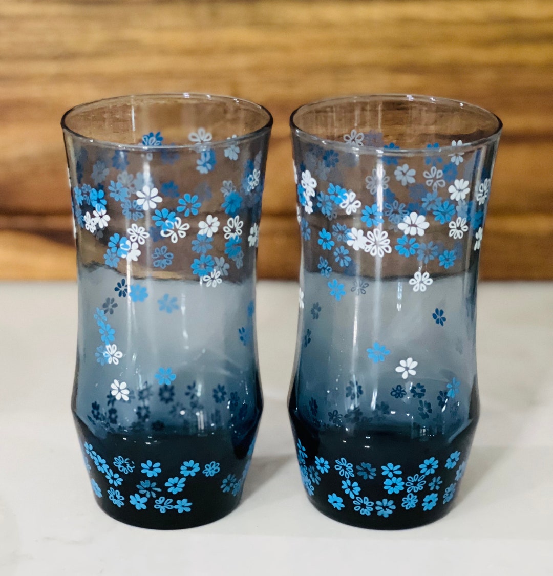 Vintage Libbey Cobalt Blue Flower Water Glass Tumblers Set of Etsy
