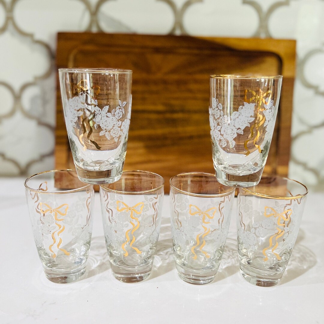 Vintage Libbey Water Glasses Gold Ribbons White Flowers 24k Gold Rims ...