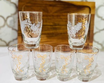 Vintage Libbey Water Glasses: Gold Ribbons & White Flowers, Set of 6