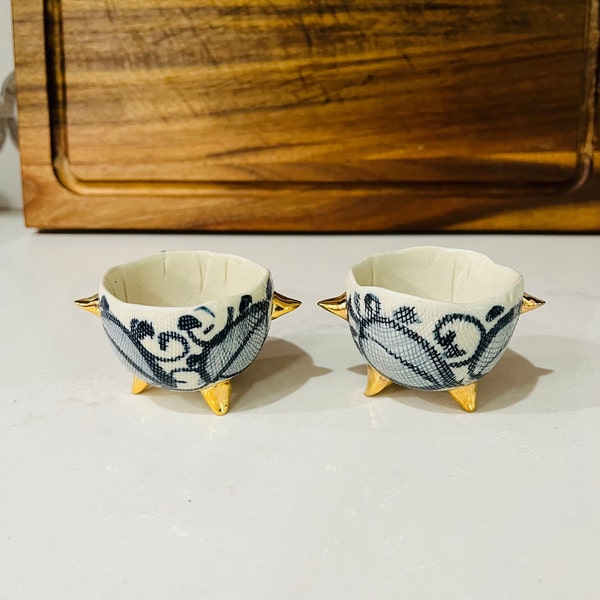 Vintage Hand-Thrown Hand-Painted Asian Footed Mini Bowls Sake Tea Cups