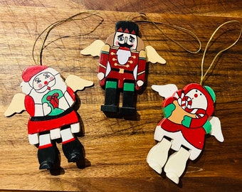 Vintage Hand-painted Wooden Christmas Ornaments Set of 3 Snowman Santa Nutcracker