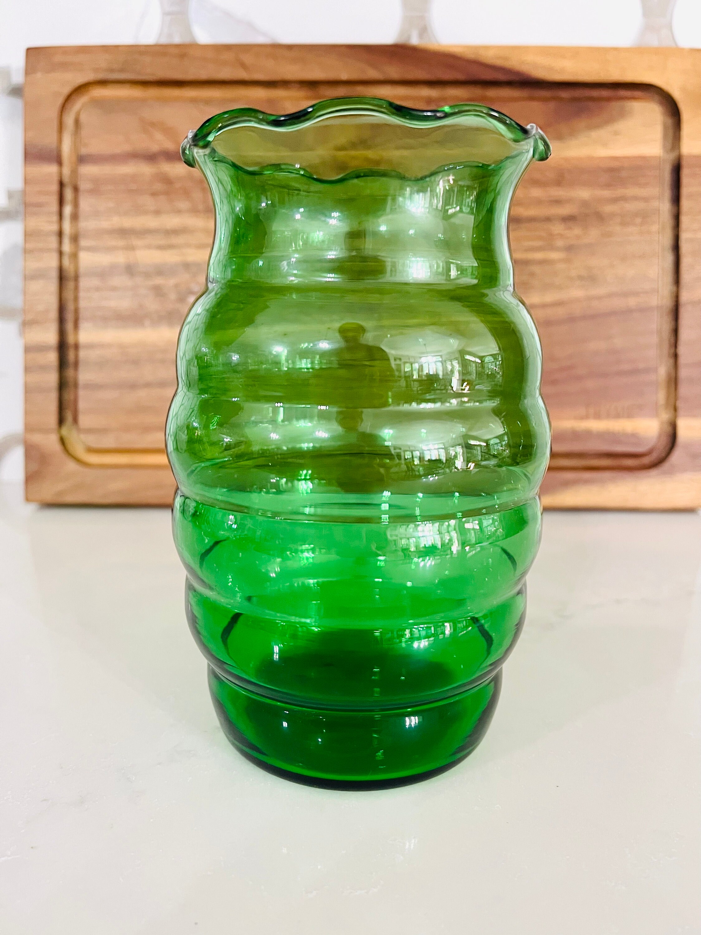 ヴィンテージフォレストグリーン アンカーグラス ビーハイブガラス花瓶