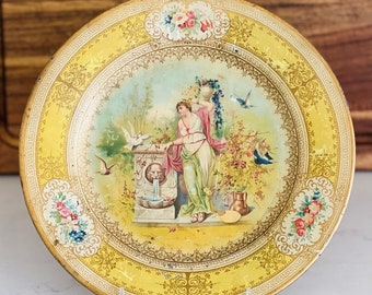 Vintage Tin Litho Grecian Lady Golden Decorative Plate 10” by Art Wall Paper Mills Company
