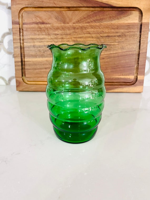 ヴィンテージフォレストグリーン アンカーグラス ビーハイブガラス花瓶