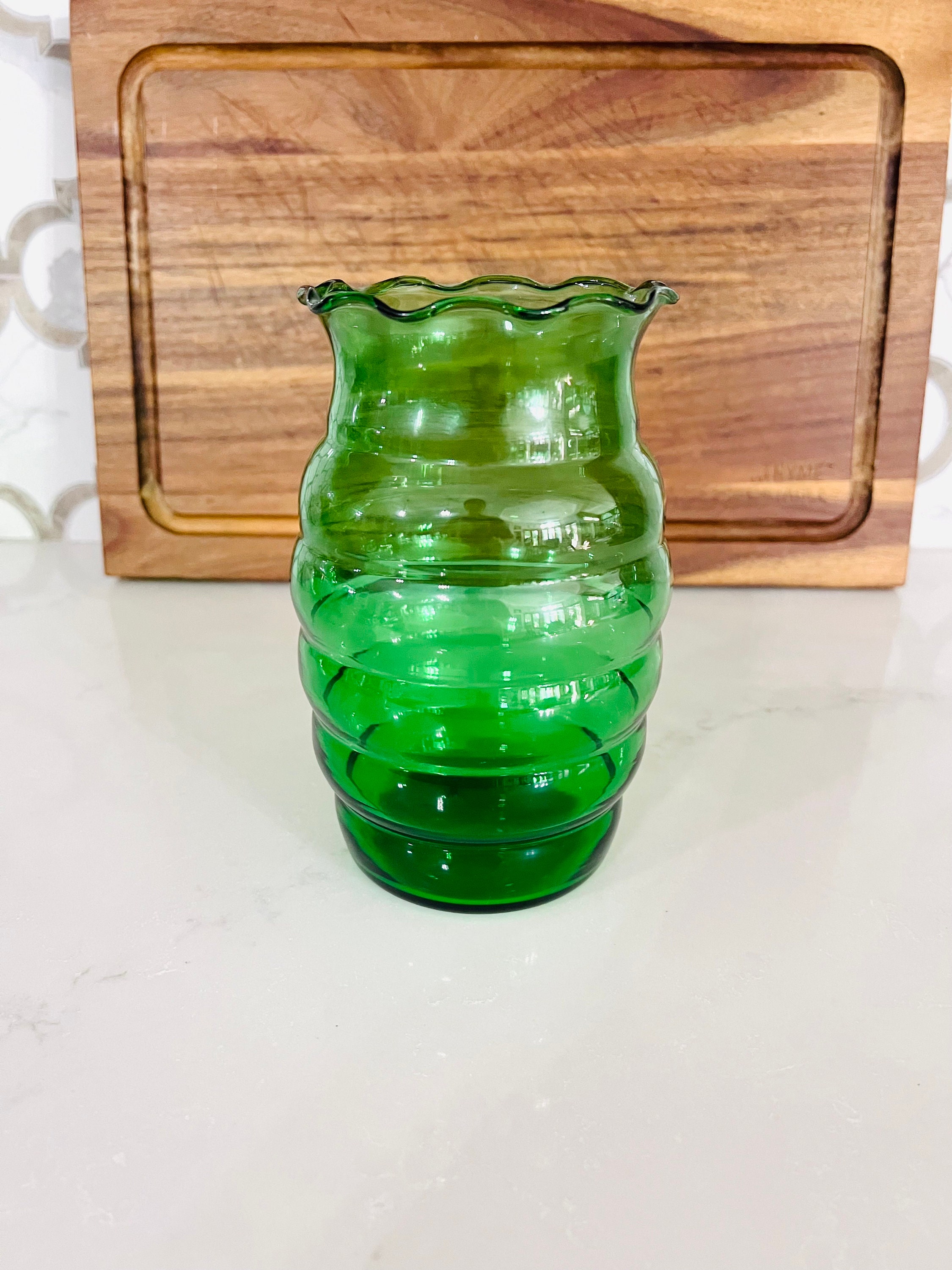 ヴィンテージフォレストグリーン アンカーグラス ビーハイブガラス花瓶