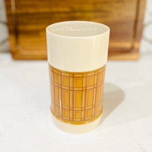 Vintage 1960’s Aladdin Best Buy Vacuum Thermos Butterscotch Retro Plaid Pattern Wide Mouth Pint Size