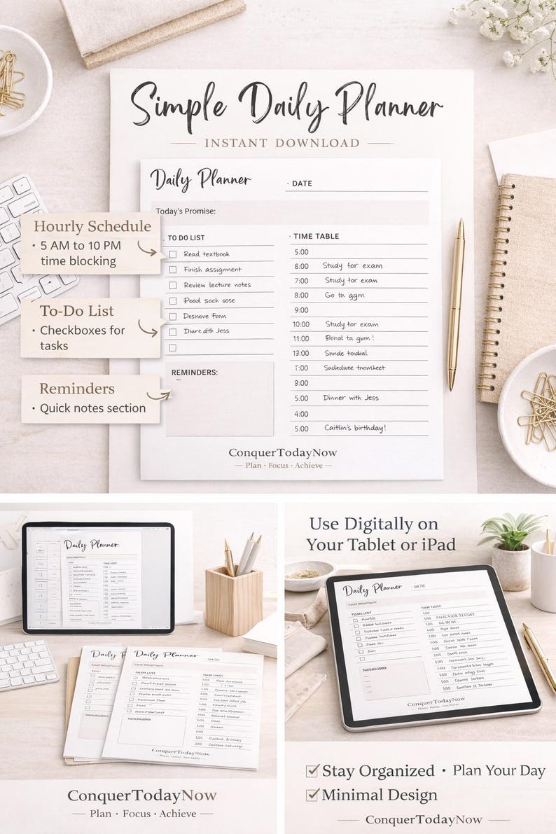 Simple Planner Example Simple Daily Planner | Printable Study Planner PDF | Minimal ...