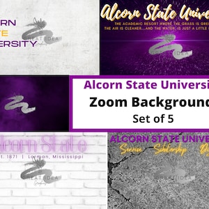 May include: A collage of five images featuring the Alcorn State University logo. The images include a purple background with a silver swirl, a white brick wall with the university's name and a silver swirl, a purple background with the university's name and a silver swirl, a white brick wall with the university's name and a silver swirl, and a gray background with the university's name and a silver swirl.