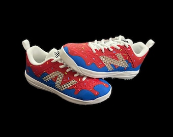 Chuteiras de grama sintética para jovens pintadas à mão | Tênis de beisebol e softball com estampa de desenho animado e efeito de gotejamento