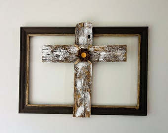 Rustic Riverwood Cross on Handcrafted Wooden Frame