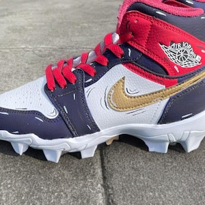 Custom Mid Cleats – Red, White & Navy with Gold Swoosh – Hand-Painted Game Day Cleats