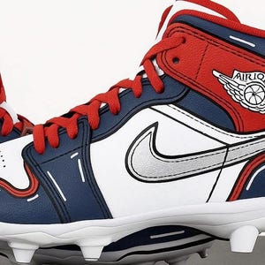 Custom Hand-Painted  Mid Cleats – Red, White & Navy Cartoon Outline Design – Unique Game Day Cleats