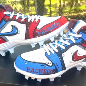 Custom Mid Cleats – Hand-Painted Red, White & Blue “Opposite” Design – Unique Game Day Cleats