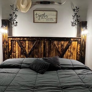 Handcrafted Rustic Wood Bed Set: Farmhouse Style with LED Lights