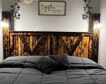 Handcrafted Rustic Wood Bed Set: Farmhouse Style with LED Lights