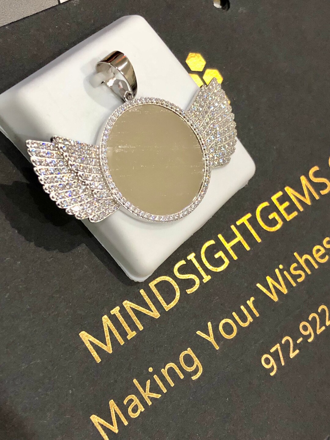 Gold Angel Wing Memory Charm Pendant W/ Beautiful VVS Swarovski