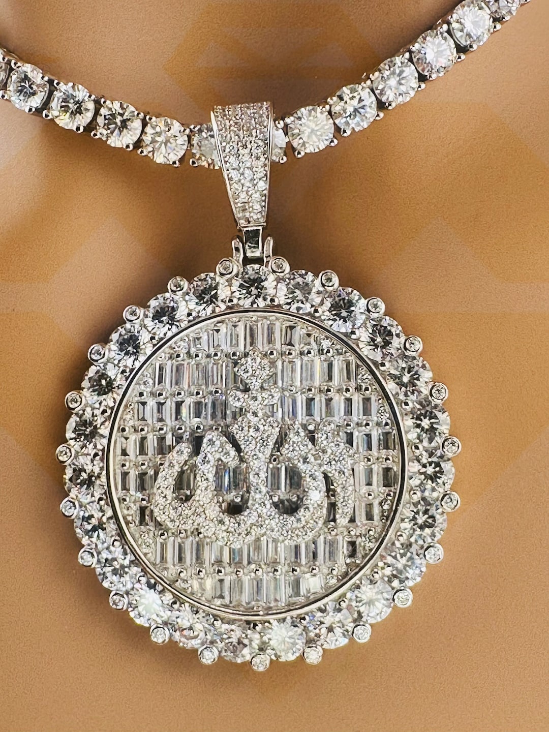 Iced Out VVS Allah Medallion Pendant, Genuine 925 Silver Simulated Diamond Islamic Symbol