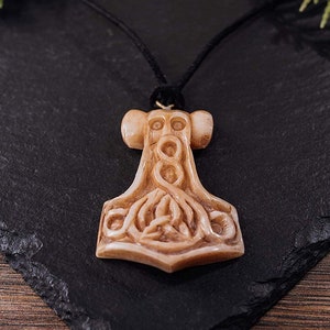 Thor's Hammer Genuine Ox Bone Pendant Necklace with Adjustable Leather Strap - Mjolnir Design - Handmade Norse Jewelry