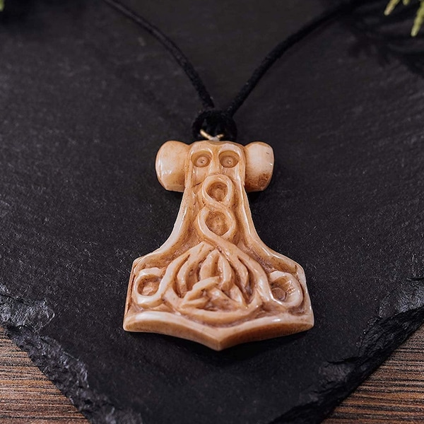 Thor's Hammer Genuine Ox Bone Pendant Necklace with Adjustable Leather Strap - Mjolnir Design - Handmade Norse Jewelry