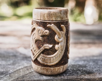 Engraved Viking-Style Wooden Cup with Hand Pyrography Woodburning - Jörmungandr Norse Mythology Artwork - 12 oz Viking-Style Drinking Vessel