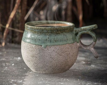 Handcrafted Viking-Inspired Stoneware Mug - 350ml Ceramic Artisan Cup, Unique Potter's Wheel Design, Microwave & Dishwasher Safe