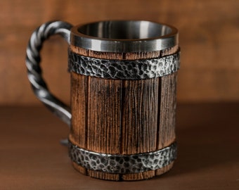 Stainless Steel Beer Tankard - 20 oz Tavern Style Mug for Hot or Cold Drinks - Imitation Wood & Iron