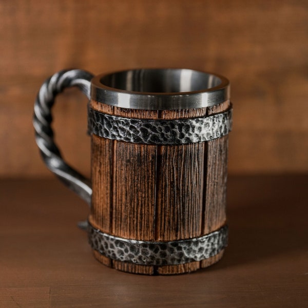 Stainless Steel Beer Tankard - 20 oz Tavern Style Mug for Hot or Cold Drinks - Imitation Wood & Iron
