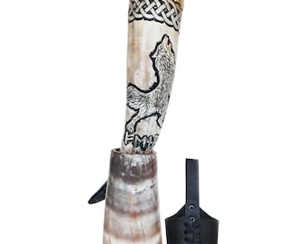 Genuine 12" Viking Drinking Horn Hand Engraved Wolf & Celtic Knot, Leather Holster, Stand, Gift Sack Included