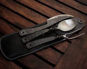 Handforged Medieval Cutlery Set - Stainless Steel Knife, Fork and Spoon Set - Includes Genuine Leather Utensil Pouch