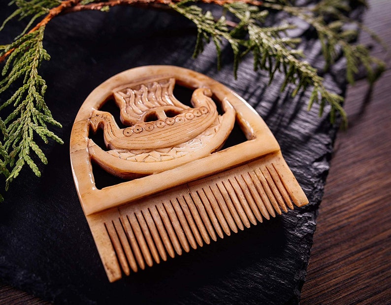 Handcrafted Beard Comb for Men Drakkar Viking Design Made from Ox Bone Beard Care and Grooming Medieval Wedding and Birthday Gift image 1