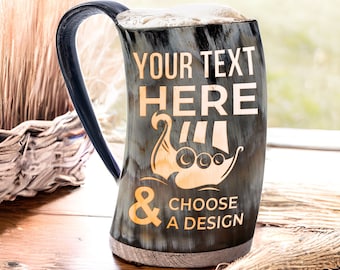Personalized Viking Drinking Horn Tankard (Low Polish Horn) - Customize Your Text & Image Engravings | Norse Beer Mug | Groomsmen's Gift