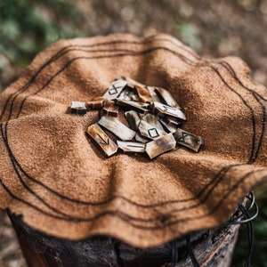 May include: A set of bone runes on a brown leather pouch with a black stitched border. The runes are arranged in a pile on the pouch.
